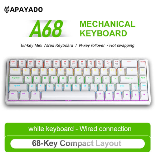 A68 65% Wired Mechanical Gaming Keyboard 68 Keys RGB Hot Swappable USB-C NKRO Compact Keyboard for Gaming Office