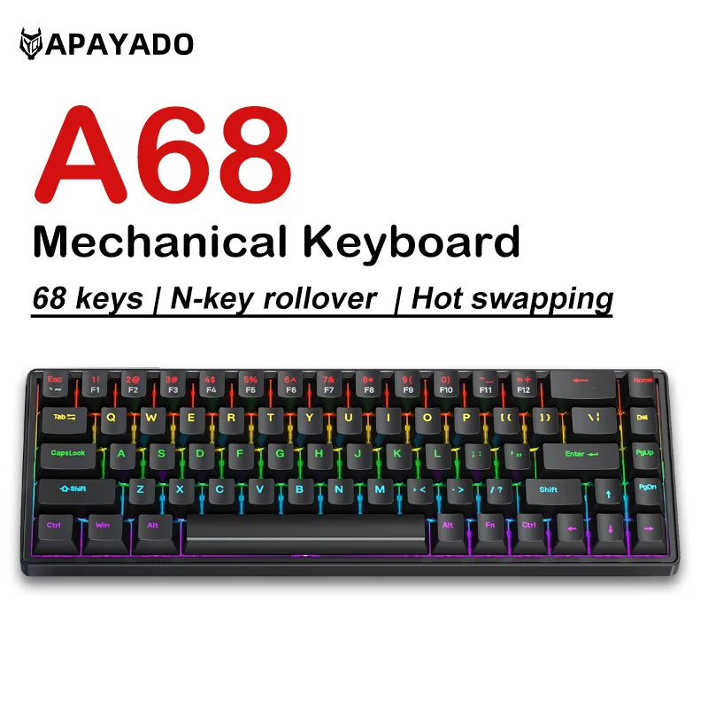 A68 65% Wired Mechanical Gaming Keyboard 68 Keys RGB Hot Swappable USB-C NKRO Compact Keyboard for Gaming Office