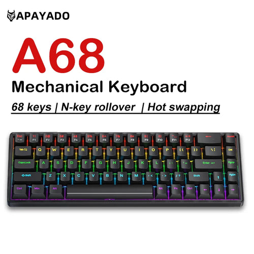 A68 65% Wired Mechanical Gaming Keyboard 68 Keys RGB Hot Swappable USB-C NKRO Compact Keyboard for Gaming Office